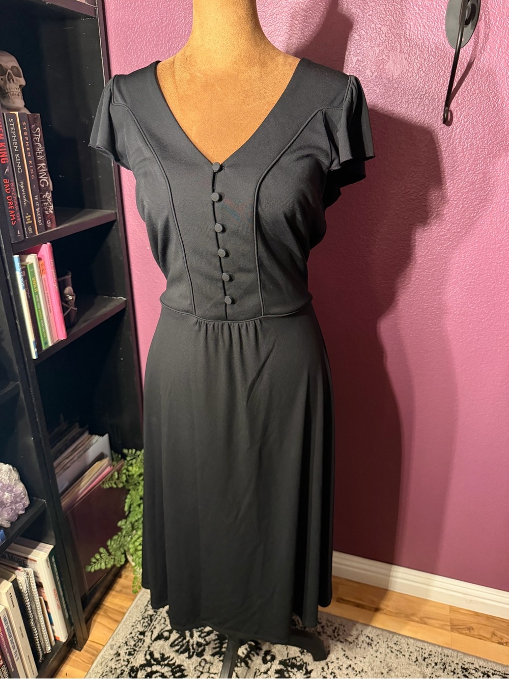 Ann Taylor vtg inspired goth Classic Black V-Neck Button-Front Dress